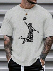 Men’s Basketball Word Art Graphic T-Shirt – Grey Oversized Tee for Sports & Streetwear | Fitnookk