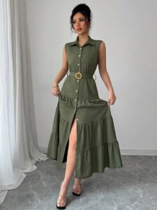 Women's Olive Green Tiered Maxi Shirt Dress, Sleeveless with Belt & Collar | Fitnookk