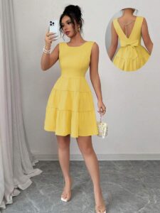 Women's Sunny Yellow Tiered Mini Dress, Sleeveless A-Line with Bow & Pearl Back Detail | Fitnookk