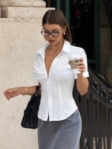Siren Gaze Solid Ruched Button Front Shirt