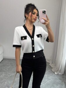 Elenzga V-Neck Short Sleeve Buttoned Colorblock Elegant
