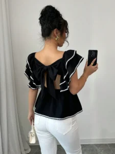 Elenzga Women's Backless Strap Contrast Trim Casual Shirt