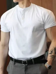 Men’s White Henley Shirt – Slim Fit Short Sleeve Muscle Tee | Fitnookk