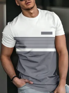 Men’s Modern Colorblock Stripe T-Shirt – Slim Fit Casual Tee in White & Gray | Fitnookk