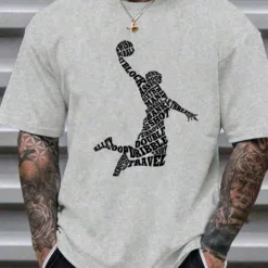 A man wearing a grey oversize basketball t-shirt with a unique typography player graphic.