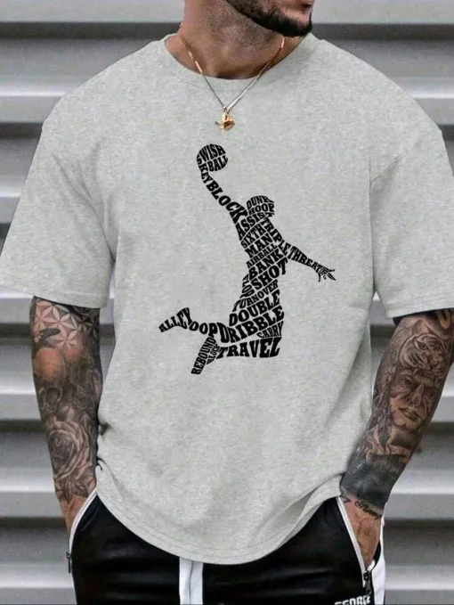 A man wearing a grey oversize basketball t-shirt with a unique typography player graphic.