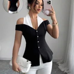 Colorblock Halter Neck Cold Shoulder Blouse