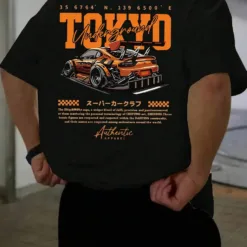 Man wearing the black 'Tokyo Underground' JDM t-shirt with a detailed orange car graphic on the back.