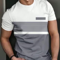 A man wearing a modern slim fit men's striped t-shirt with a grey and white design.